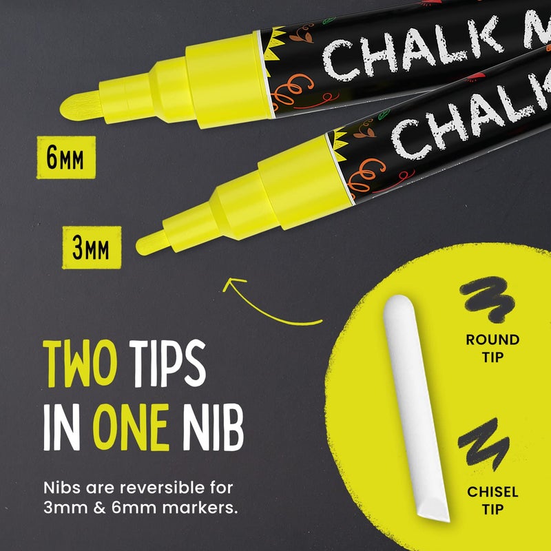 Chalkola 5 Yellow Chalkboard Chalk Markers - Yellow Dry Erase Markers for Blackboard, Chalkboard Signs, Windows, Glass | Variety Pack - Fine & Jumbo Size Ink Pen (1mm, 3mm, 6mm, 10mm, 15mm) - Image 3